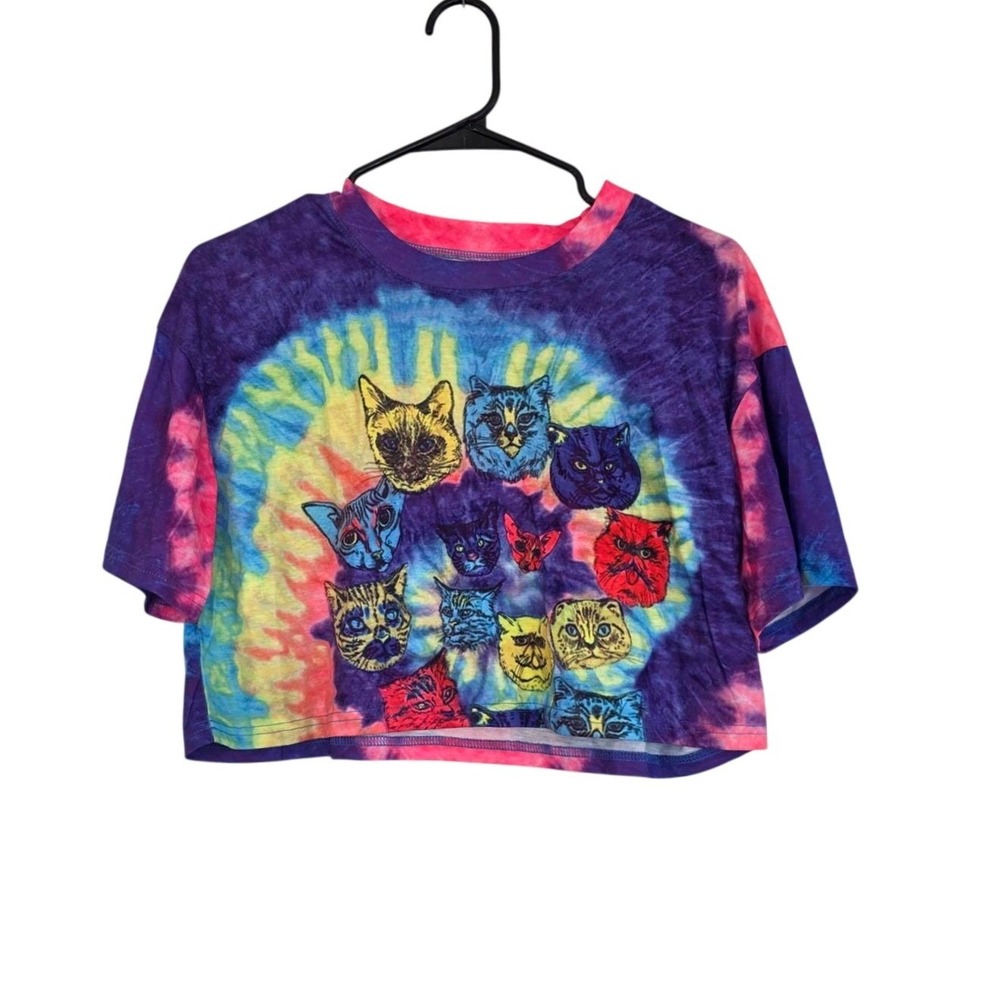 Womens Tie Dye Crop Top Cat Print Short Sleeve T Shirt Size‎ M